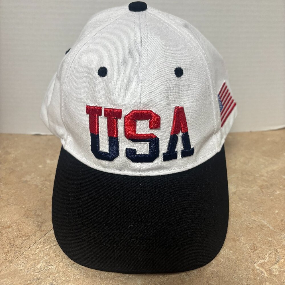 NWOT:  Adjustable USA Ball Cap - One Size - White with Navy Bill